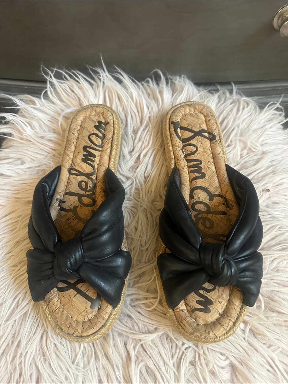 Sam Edelman Black Knot-Front Slide Sandals with Cork-Effect Footbed